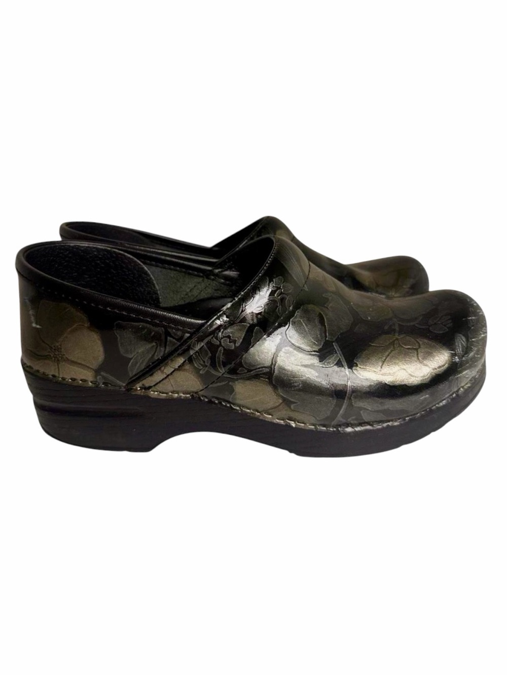 Dansko Professional Floral Tooled Leather Clogs Pewter Black EU 38 US 7.5 Nurse
